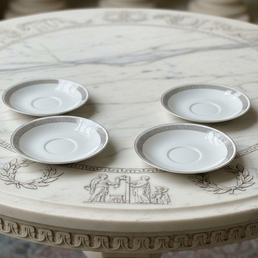 Harmony House China Romaic Saucers, Set of 4, Vintage White Platinum Porcelain